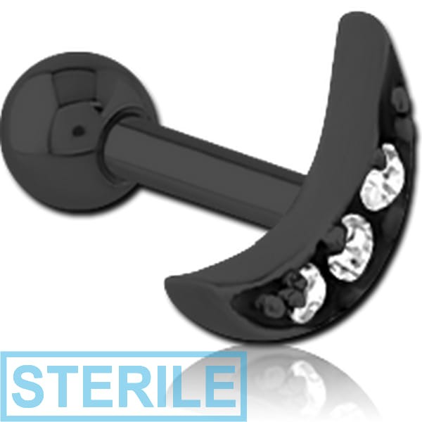 STERILE BLACK PVD COATED SURGICAL STEEL JEWELLED TRAGUS MICRO BARBELL - CRESCENT 3 GEMS