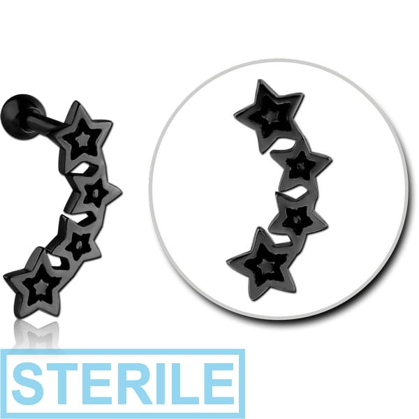 STERILE BLACK PVD COATED SURGICAL STEEL TRAGUS MICRO BARBELL WITH ENAMEL - FOUR STARS