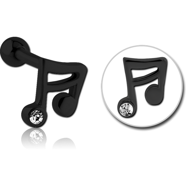 BLACK PVD COATED SURGICAL STEEL JEWELLED TRAGUS MICRO BARBELL - MUSIC NOTE