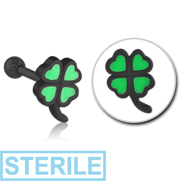 STERILE BLACK PVD COATED SURGICAL STEEL TRAGUS MICRO BARBELL WITH ENAMEL - SHAMROCK