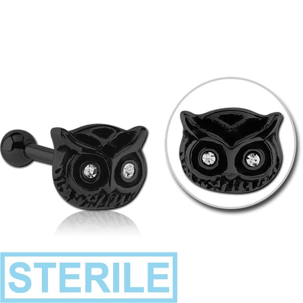 STERILE BLACK PVD COATED SURGICAL STEEL OWL JEWELLED TRAGUS MICRO BARBELL