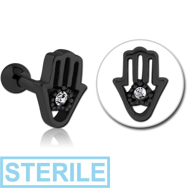 STERILE BLACK PVD COATED SURGICAL STEEL JEWELLED TRAGUS MICRO BARBELL - HAMSA