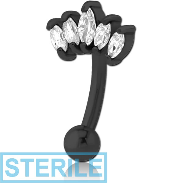 STERILE BLACK PVD COATED SURGICAL STEEL JEWELLED FANCY CURVED MICRO BARBELL - FIVE GEMS
