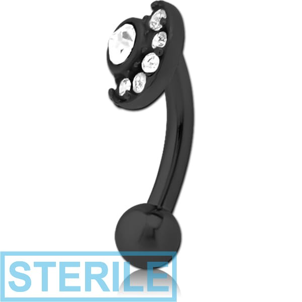 STERILE BLACK PVD COATED SURGICAL STEEL JEWELLED FANCY CURVED MICRO BARBELL - MOON AND STARS