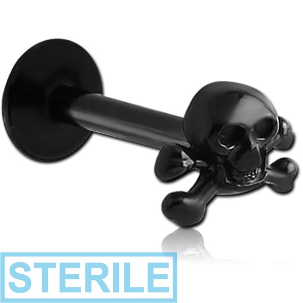 STERILE BLACK PVD COATED SURGICAL STEEL MICRO LABRET WITH ATTACHMENT - CROSSBONES SKULL