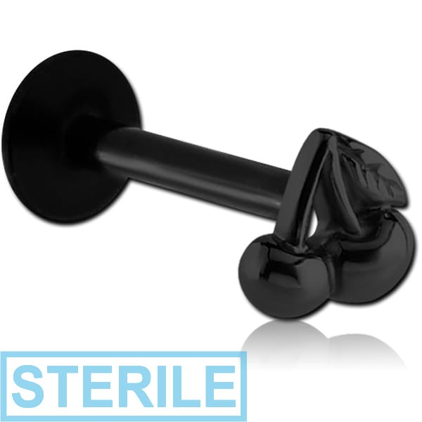STERILE BLACK PVD COATED SURGICAL STEEL MICRO LABRET WITH ATTACHMENT - CHERRIES