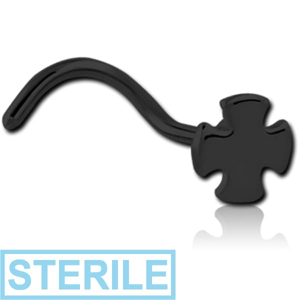 STERILE BLACK PVD COATED SURGICAL STEEL IRON CROSS CURVED NOSE STUD
