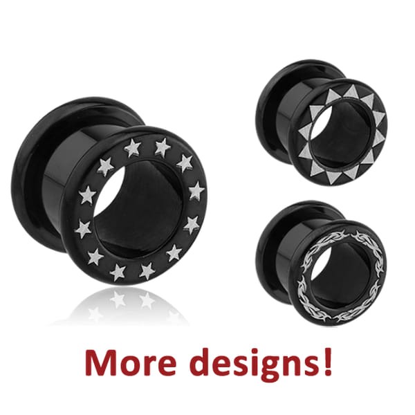 STERILE BLACK PVD COATED SURGICAL STEEL LASER ETCHED ROUND-EDGE THREADED TUNNEL