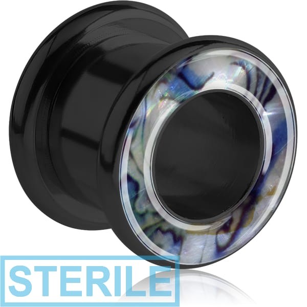 STERILE BLACK PVD COATED SURGICAL STEEL JEWELLED SYNTHETIC MOTHER OF PEARL ROUND-EDGE THREADED TUNNEL
