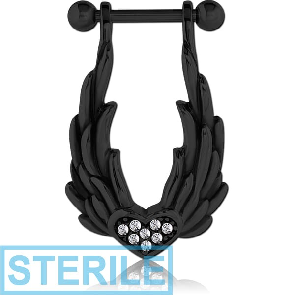 STERILE BLACK PVD COATED SURGICAL STEEL JEWELLED CARTILAGE SHIELD - HEART WITH WINGS