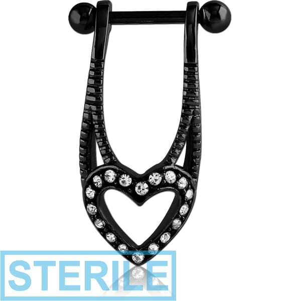 STERILE BLACK PVD COATED SURGICAL STEEL JEWELLED CARTILAGE SHIELD - BIG HEART