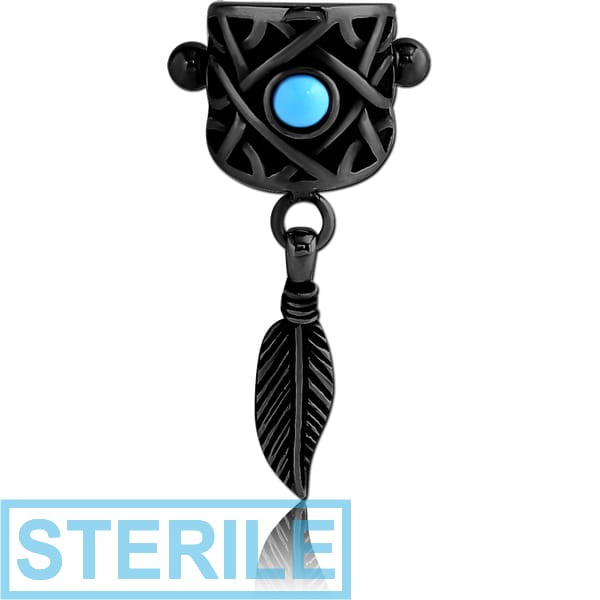 STERILE BLACK PVD COATED SURGICAL STEEL JEWELLED CARTILAGE SHIELD - DANGLING FEATHER