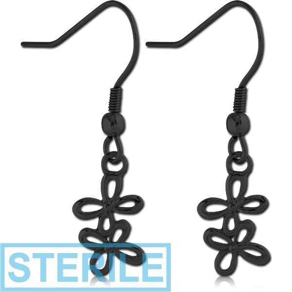 STERILE BLACK PVD COATED SURGICAL STEEL EARRINGS - TWO CUT TROUGH FLOWERS
