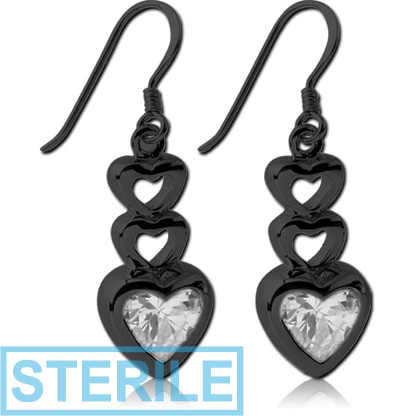 STERILE BLACK PVD COATED SURGICAL STEEL JEWELLED EARRINGS - THREE HEARTS