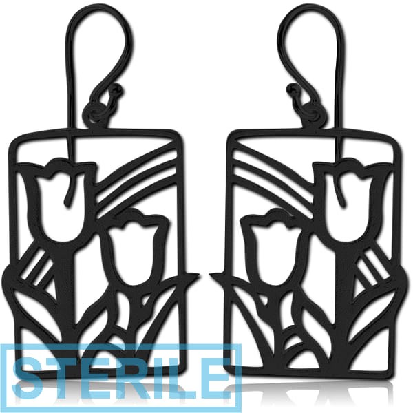 STERILE BLACK PVD COATED SURGICAL STEEL EARRINGS - CUT TROUGH FLOWERS
