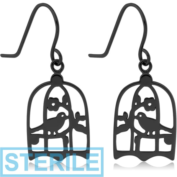 STERILE BLACK PVD COATED SURGICAL STEEL EARRINGS - BIRD IN CAGE