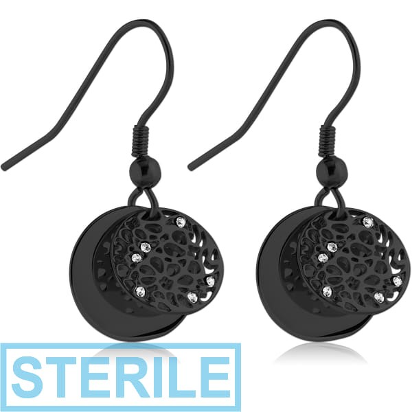 STERILE BLACK PVD COATED SURGICAL STEEL JEWELLED EARRINGS - TWO DISKS