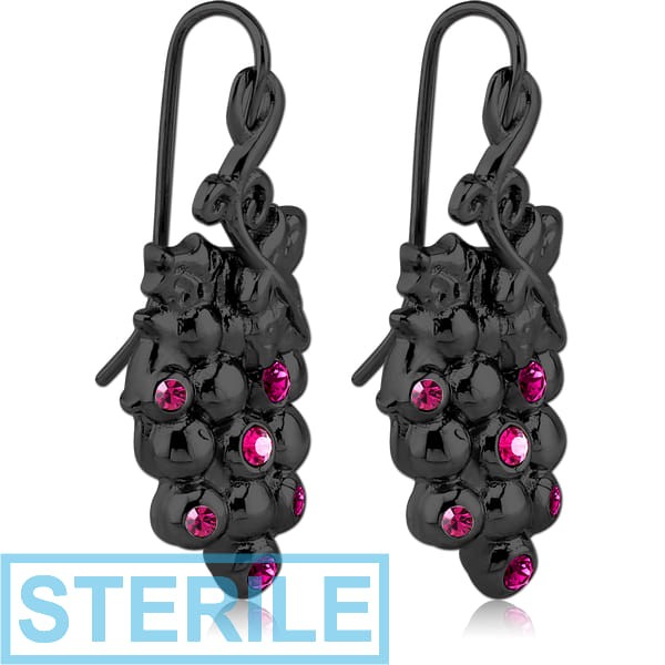 STERILE BLACK PVD COATED SURGICAL STEEL JEWELLED EARRINGS PAIR