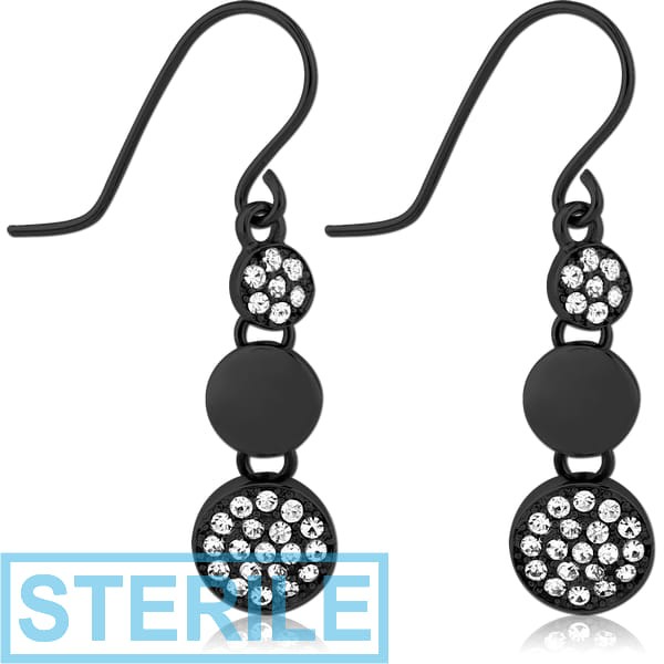 STERILE BLACK PVD COATED SURGICAL STEEL JEWELLED EARRINGS PAIR