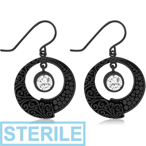 STERILE BLACK PVD COATED SURGICAL STEEL JEWELLED EARRINGS PAIR