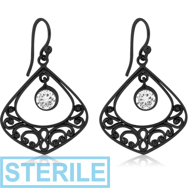 STERILE BLACK PVD COATED SURGICAL STEEL JEWELLED EARRINGS PAIR