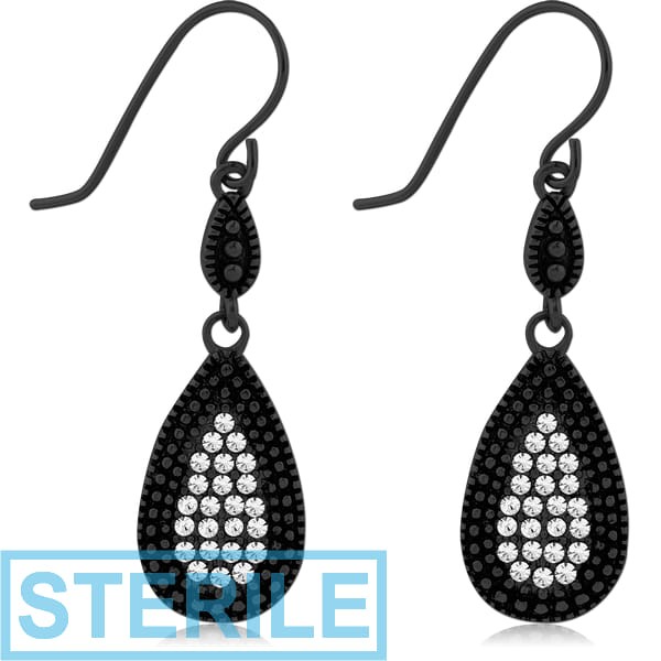 STERILE BLACK PVD COATED SURGICAL STEEL JEWELLED EARRINGS PAIR