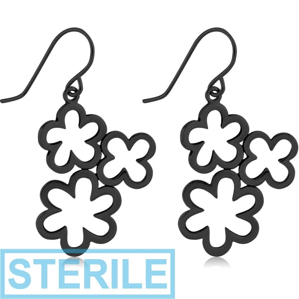 STERILE BLACK PVD COATED SURGICAL STEEL EARRINGS PAIR - THREE FLOWERS