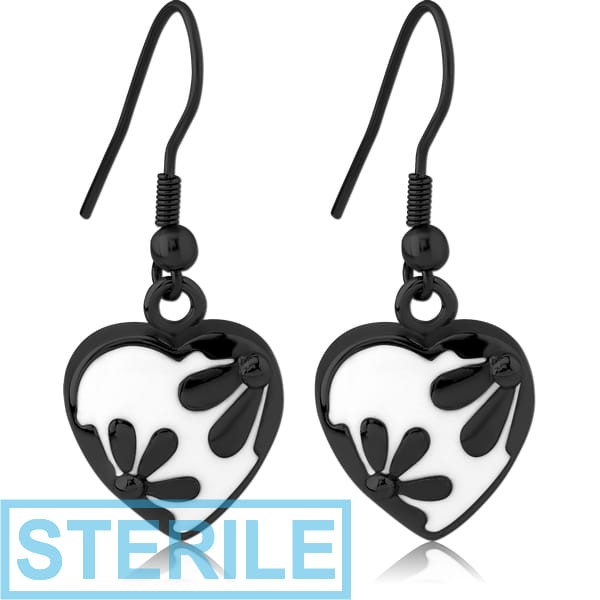 STERILE BLACK PVD COATED SURGICAL STEEL EARRINGS WITH ENAMEL - HEART WITH FLOWERS