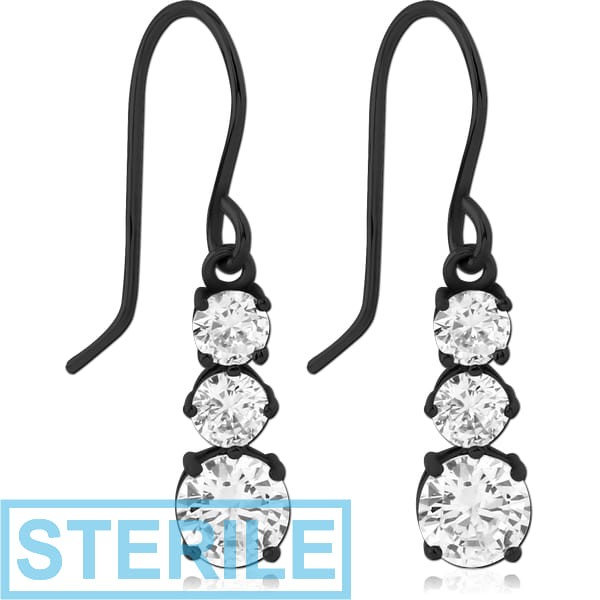 STERILE BLACK PVD COATED SURGICAL STEEL JEWELLED EARRINGS
