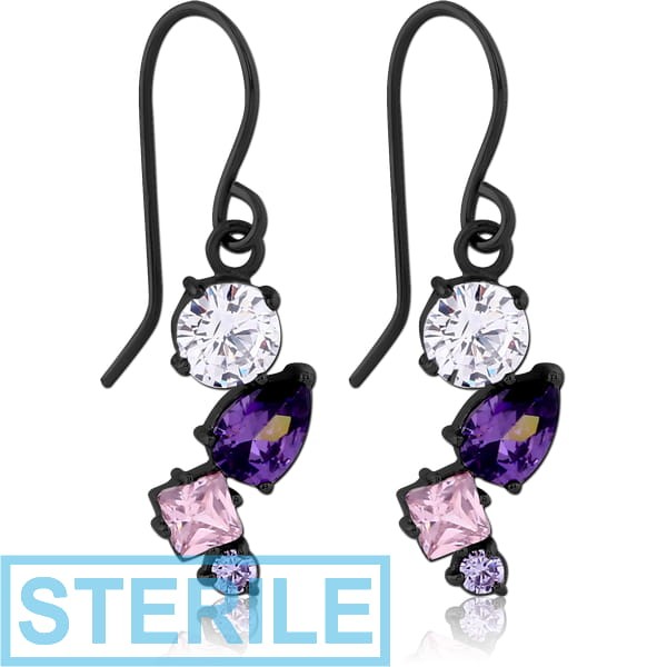 STERILE BLACK PVD COATED SURGICAL STEEL JEWELLED EARRINGS