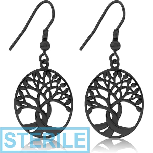 STERILE BLACK PVD COATED SURGICAL STEEL EARRINGS PAIR - TREE OF LIFE