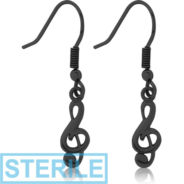 STERILE BLACK PVD COATED SURGICAL STEEL EARRINGS PAIR - MUSIC NOTE