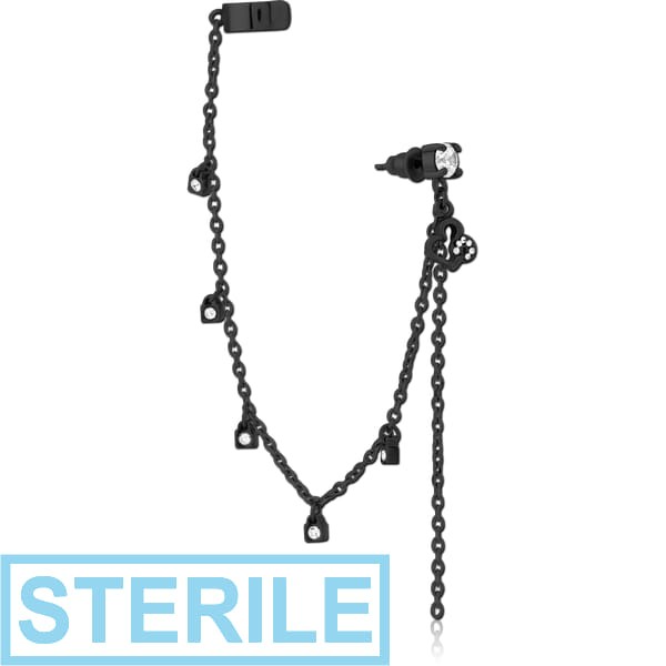 STERILE BLACK PVD COATED SURGICAL STEEL JEWELLED EAR CUFF - HEART AND LOCK