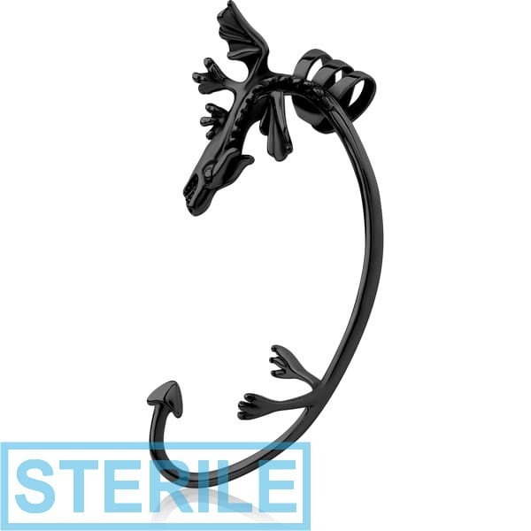 STERILE BLACK PVD COATED SURGICAL STEEL EAR CUFF - LEFT - DRAGON