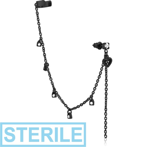 STERILE BLACK PVD COATED SURGICAL STEEL JEWELLED EAR CUFF - HEART AND LOCK
