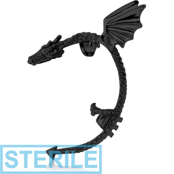STERILE BLACK PVD COATED SURGICAL STEEL EAR CUFF - LEFT - DRAGON