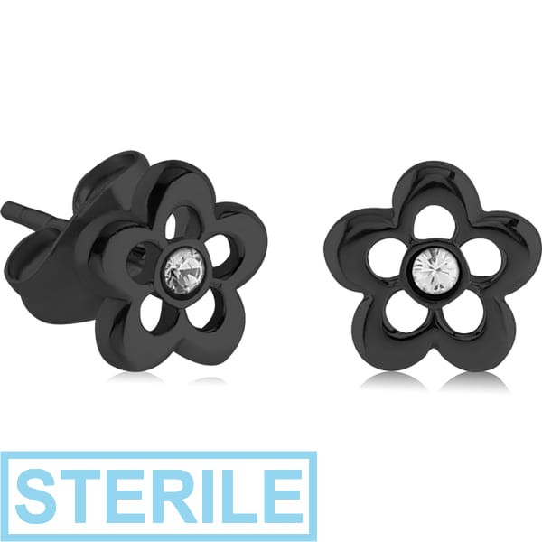STERILE BLACK PVD COATED SURGICAL STEEL EAR STUDS PAIR - FLOWER