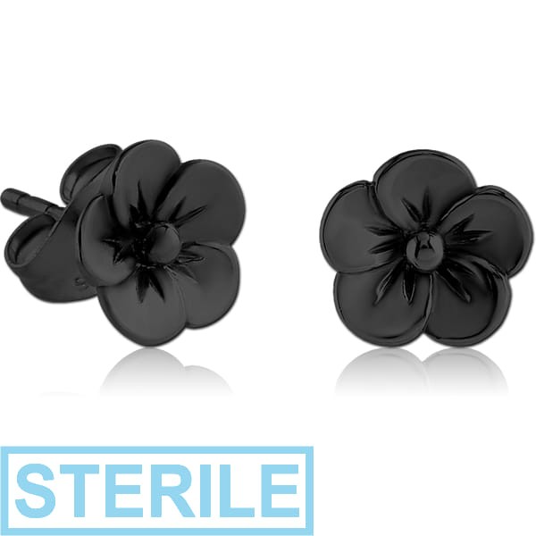 STERILE BLACK PVD COATED SURGICAL STEEL EAR STUDS PAIR - FLOWER