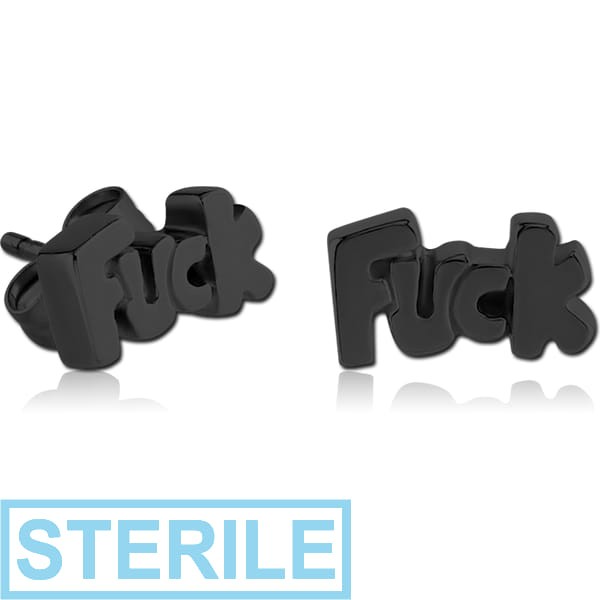 STERILE BLACK PVD COATED SURGICAL STEEL EAR STUDS PAIR - FUCK