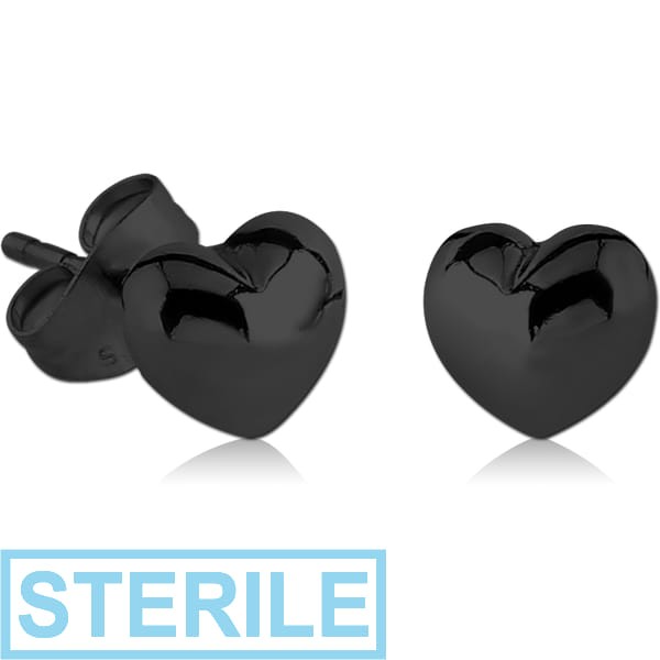 STERILE BLACK PVD COATED SURGICAL STEEL EAR STUDS PAIR - HEART