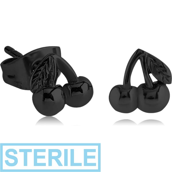 STERILE BLACK PVD COATED SURGICAL STEEL EAR STUDS PAIR - CHERRY