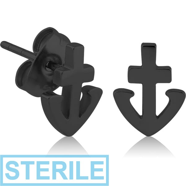 STERILE BLACK PVD COATED SURGICAL STEEL EAR STUDS PAIR - ANCHOR