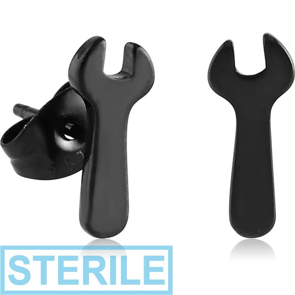 STERILE BLACK PVD COATED SURGICAL STEEL EAR STUDS PAIR - WRENCH