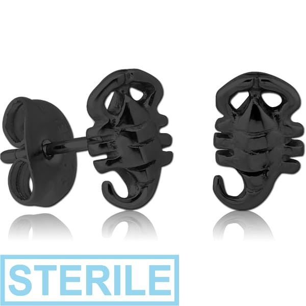 STERILE BLACK PVD COATED SURGICAL STEEL EAR STUDS PAIR - SCORPION