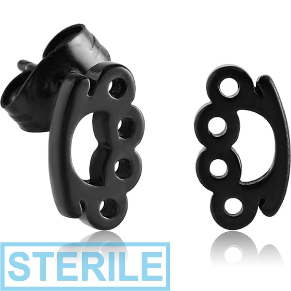STERILE BLACK PVD COATED SURGICAL STEEL EAR STUDS PAIR - KNUCKLE - DUSTER