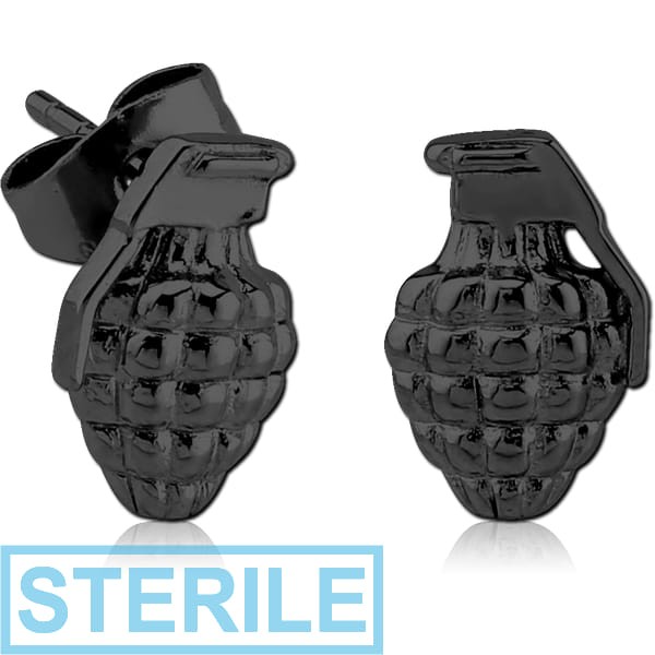 STERILE BLACK PVD COATED SURGICAL STEEL EAR STUDS PAIR - GRENADE