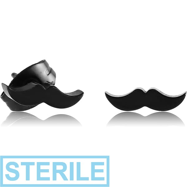 STERILE BLACK PVD COATED SURGICAL STEEL EAR STUDS PAIR - MUSTACHE