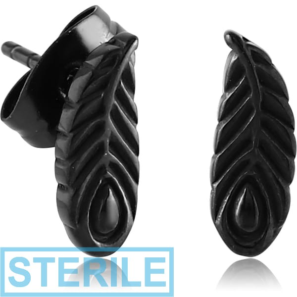 STERILE BLACK PVD COATED SURGICAL STEEL EAR STUDS PAIR - FEATHER