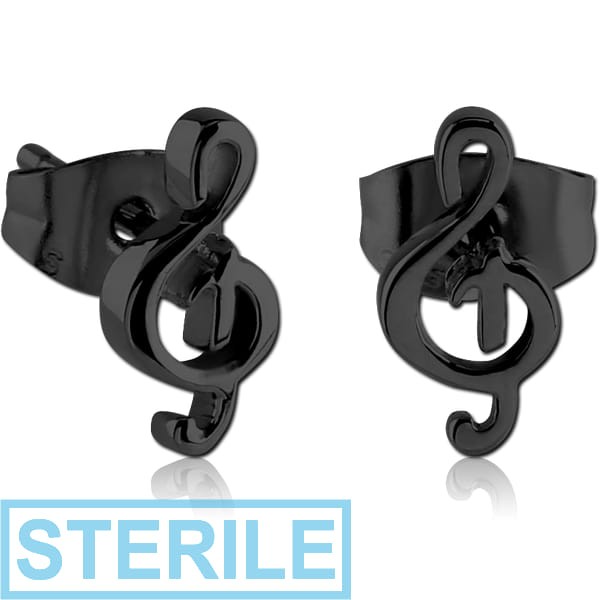 STERILE BLACK PVD COATED SURGICAL STEEL EAR STUDS PAIR - MUSIC NOTE
