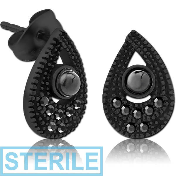STERILE BLACK PVD COATED SURGICAL STEEL JEWELLED EAR STUDS